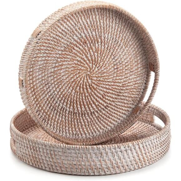 Coffee Table Tray Round Rattan Ottoman Tray Woven Serving Trays with Handles - Picture 6 of 8